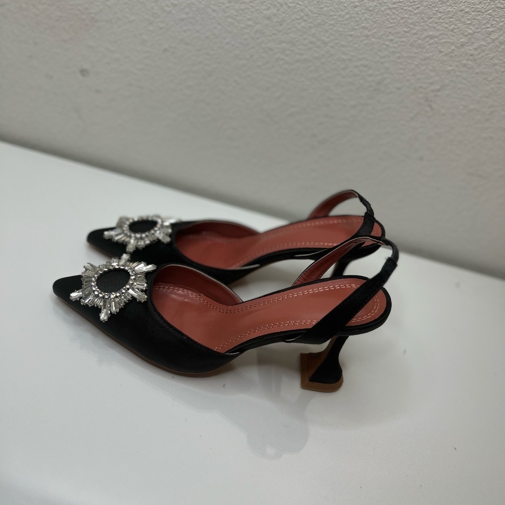 Black Begum-Style Satin Crystal Embellished Slingback Heels Size 7